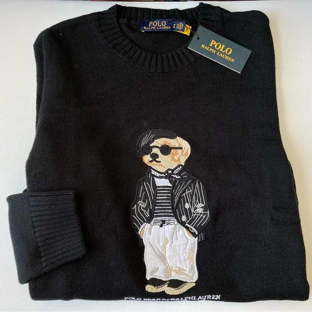 Polo Ralph Lauren Men’s Bear Knit Sweater M Black 100% Cotton Crewneck New - Picture 5 of 6